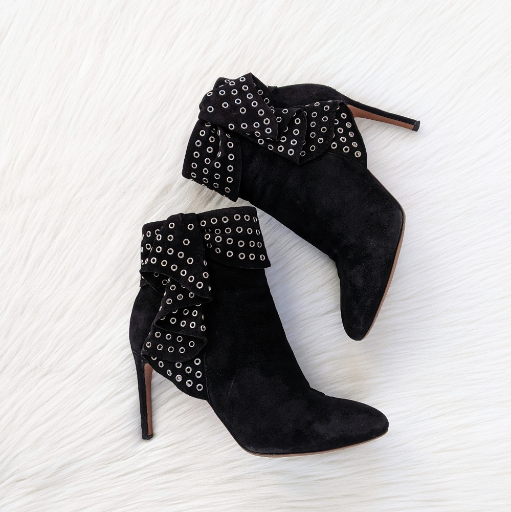 Alaïa Black Suede Grommet Embellished Ruffled Ankle Boots | Size 38.5
